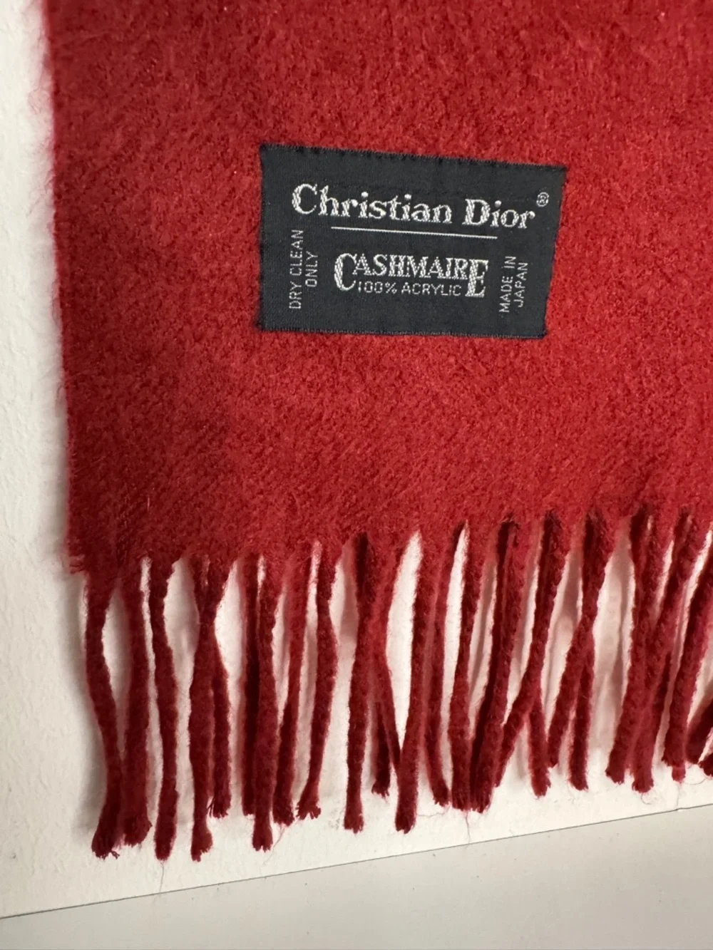Christian Dior Red Fringed Acrylic Scarf Vintage Logo Made in Japan